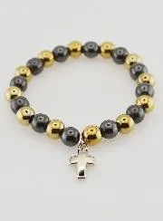 Religious Bracelet with Cross - Hematite and Pyrite