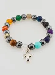 Religious Bracelet with Cross - Hematite and Stones