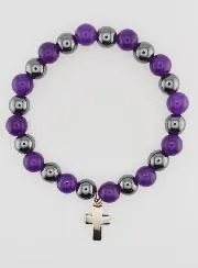 Religious Bracelet with Cross - Hematite and Amethyst