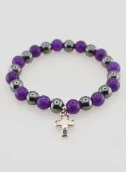 Religious Bracelet with Cross - Hematite and Amethyst