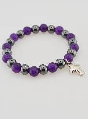 Religious Bracelet with Cross - Hematite and Amethyst
