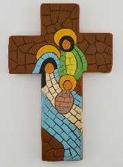 Ceramic Cross Holy Family Brown - 15cm