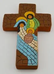 Ceramic Cross Holy Family Brown - 15cm