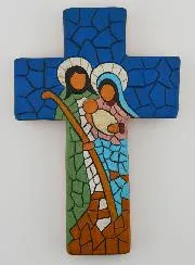 Ceramic Cross Holy Family Blue - 15cm