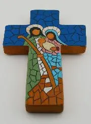 Ceramic Cross Holy Family Blue - 15cm