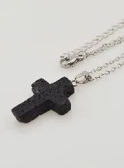 Religious Necklace in Stainless Steel with Lava Stone Cross