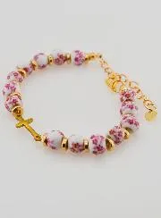 Bracelet with Cross and Ceramic Beads – Pink