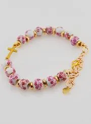 Bracelet with Cross and Ceramic Beads – Pink