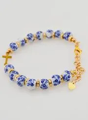 Bracelet with Cross and Ceramic Beads - Blue