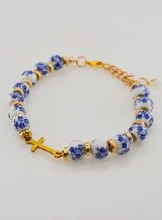 Bracelet with Cross and Ceramic Beads - Blue