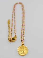 Miraculous Medal with Beaded Chain - Pink