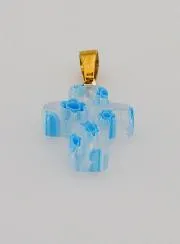 Handcrafted Glass Cross Pendant – White and Blue