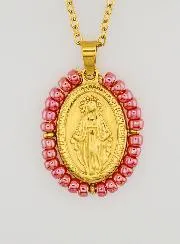 Miraculous Medal + Chain – Pearlescent Pink Beads