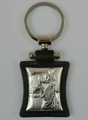 Saint Christopher Silver & Black Leather Key Chain