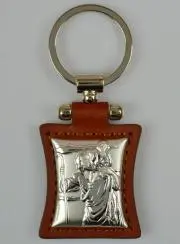 Saint Christopher Silver & Brown Leather Key Chain