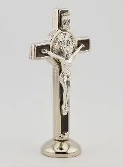 Silvery Saint Benedict Cross on Base - Brown