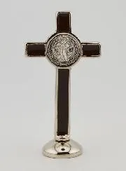Silvery Saint Benedict Cross on Base - Brown