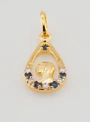 Virgin Mary Drop Pendant - Strass Diamond Sapphire Gold Plated