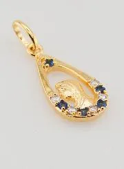 Virgin Mary Drop Pendant - Strass Diamond Sapphire Gold Plated