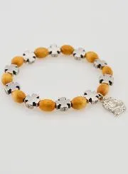 Silver Cross & Wood Rosary Bracelet