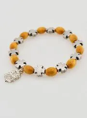 Silver Cross & Wood Rosary Bracelet