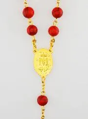Rosary with Coral Colour Beads and Gold Plated Chain
